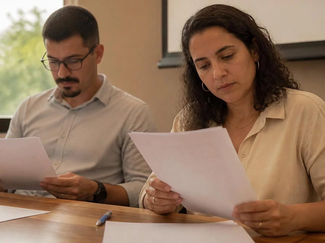 Equipe reunida numa sala clara enquanto uma pessoa explica em pé