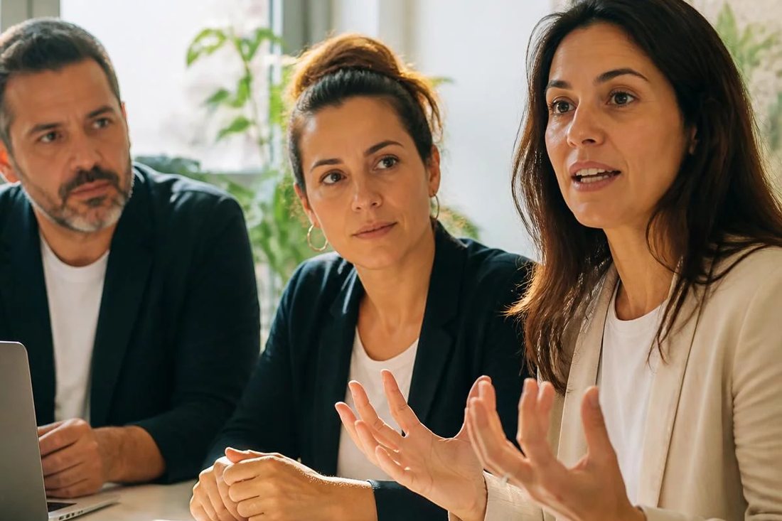 Participante falando em pé enquanto o restante da turma acompanha sentado